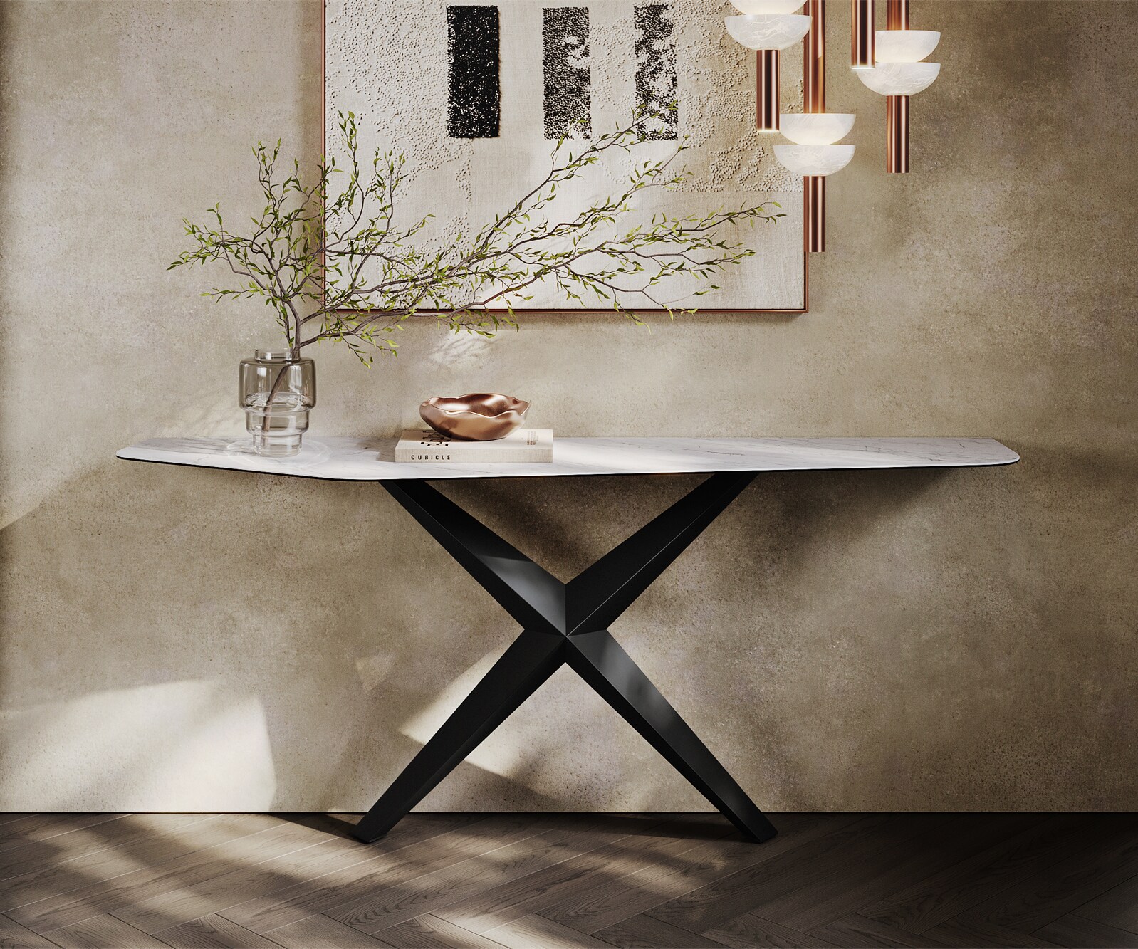 Console Edge Polygonal 180x50 cm Céramique Laminam® Statuarietto Weiß Zentharo Métal Noir 1