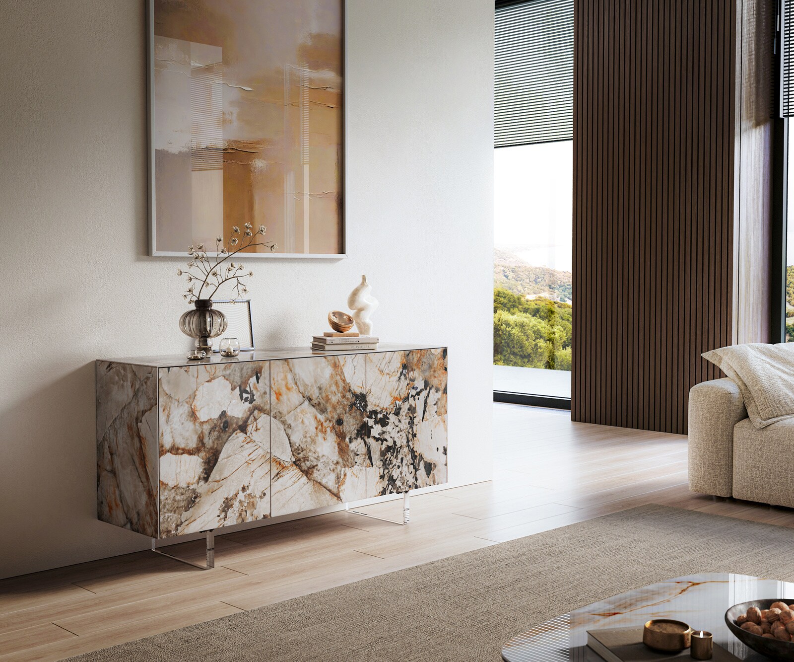 Buffet Cuor 150 cm Céramique Patagonia raffinée 3 Portes Pied optique flottant Verre acrylique 1