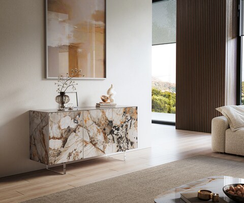 Buffet Cuor 150 cm Céramique Patagonia raffinée 3 Portes Pied optique flottant Verre acrylique