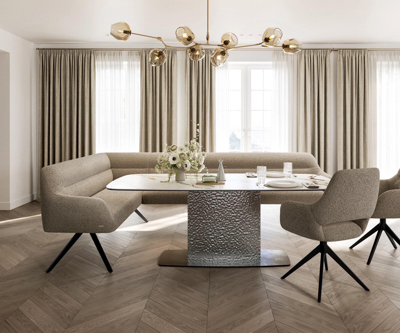 Banc-de-salle-à-manger Taya-Flex 285x190 cm bouclé boue pied croisé angulaire noir ressort ensaché à droite 2