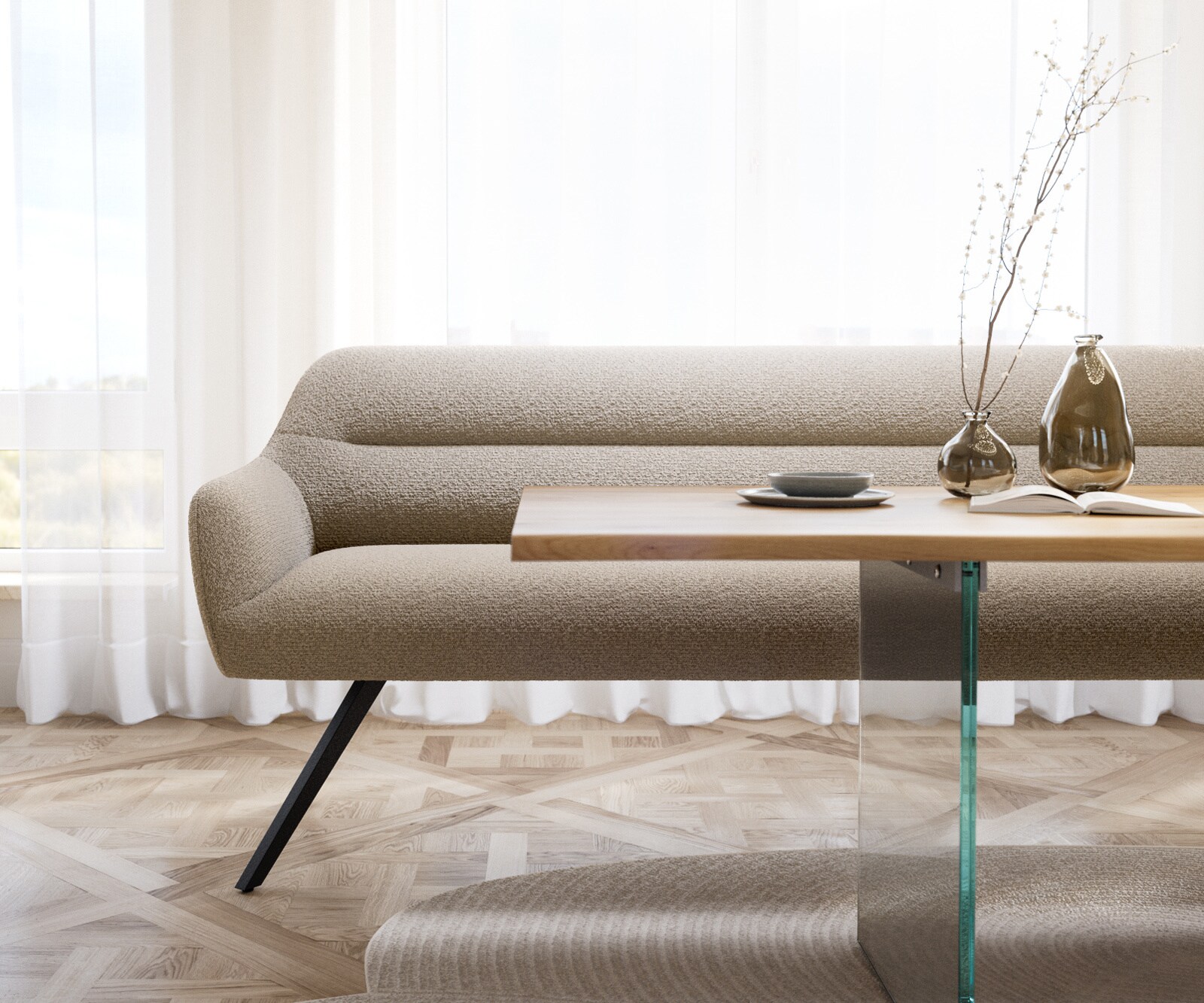 Banc-de-salle-à-manger Taya-Flex 200 cm bouclé boue pied croisé angulaire noir ressort ensaché 2