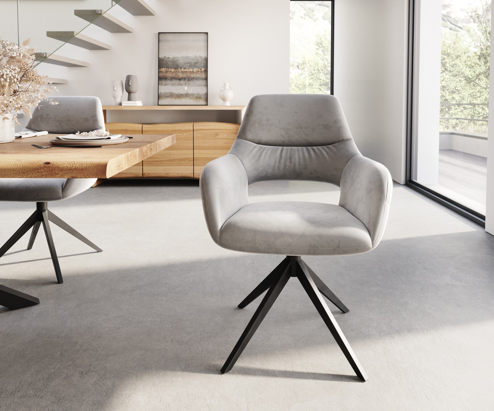 Chaise-de-salle-à-manger Yago-Flex avec accoudoirs velours gris pied croisé large noir ressorts ensachés 1 Chaise-de-salle-à-manger Yago-Flex avec accoudoirs velours gris pied croisé large noir ressorts ensachés 1