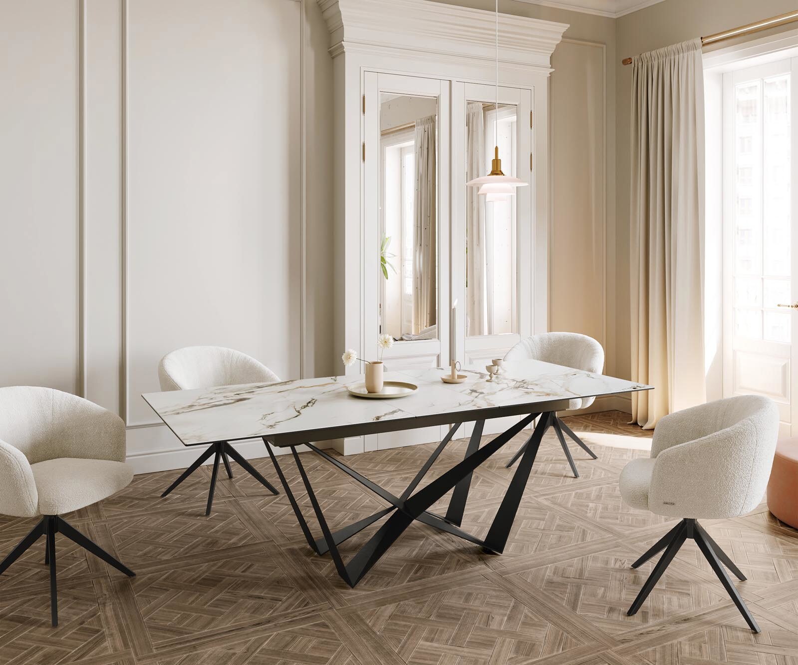 Table à manger Edge 180-220x100 céramique Calacatta Luxe blanc-doré-gris Spider acier plat noir extensible 6