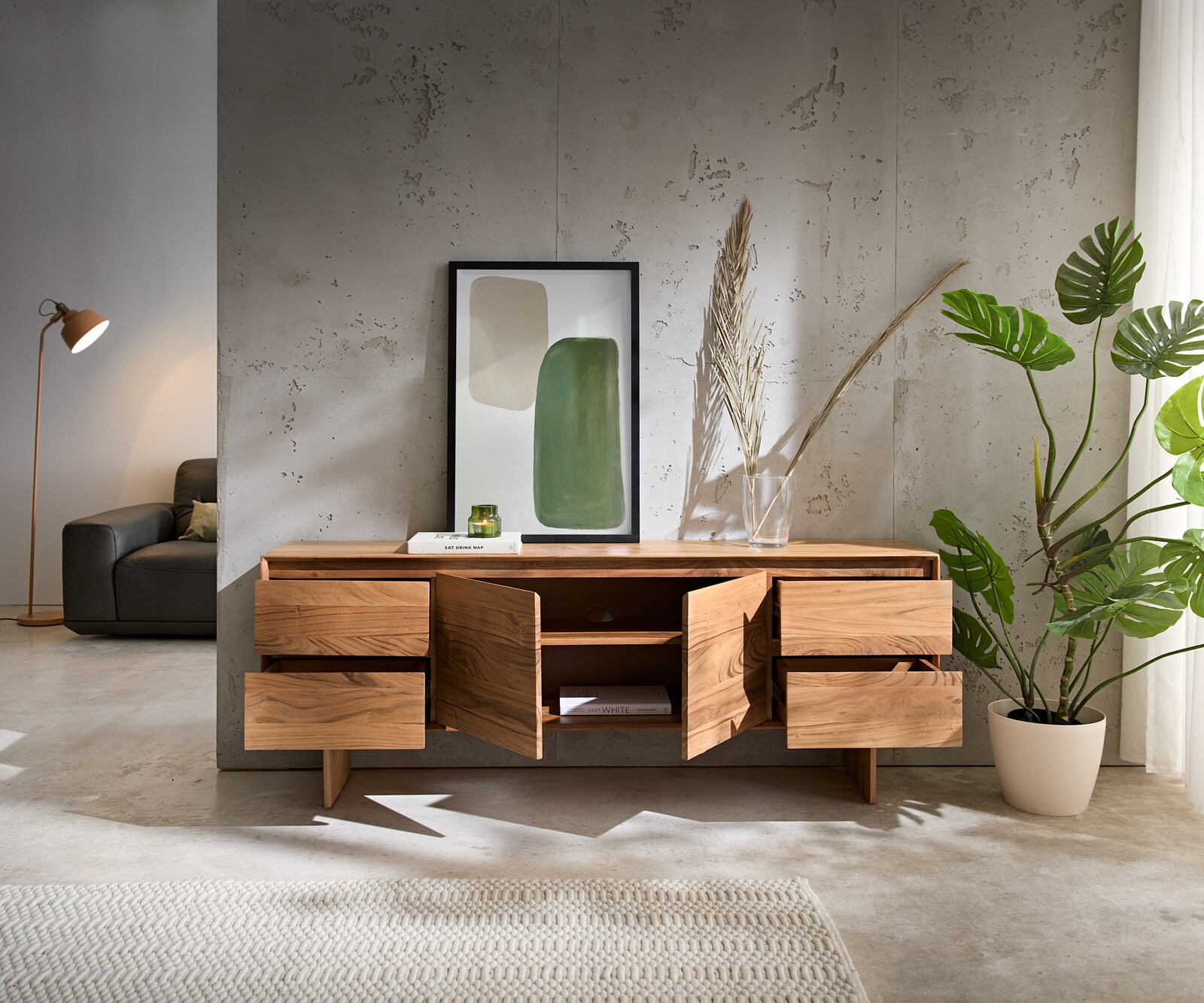 Meuble-TV Elandor 175 cm acacia naturel 2 portes 4 tiroirs pied en bois 3