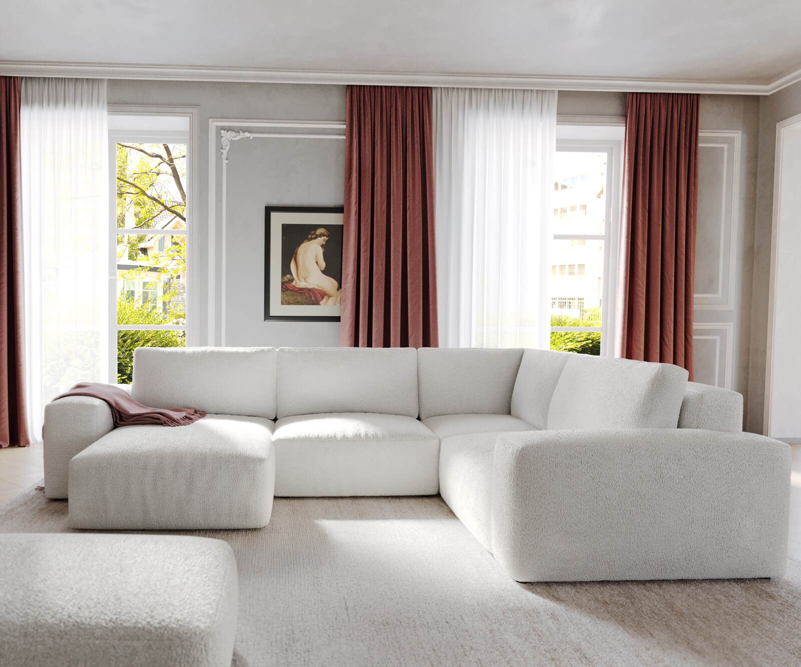 Grand canapé d’angle Lanzo 300x210 cm bouclé blanc crème méridienne réversible avec pouf 1