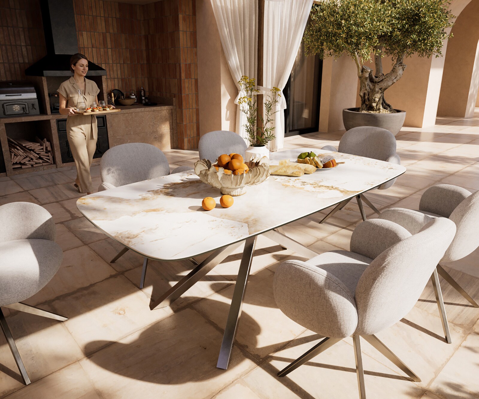 Table d’extérieur Edge Boot 200x100 cm céramique Minas Melange blanc-beige piètement croisé rectangulaire en acier inoxydable