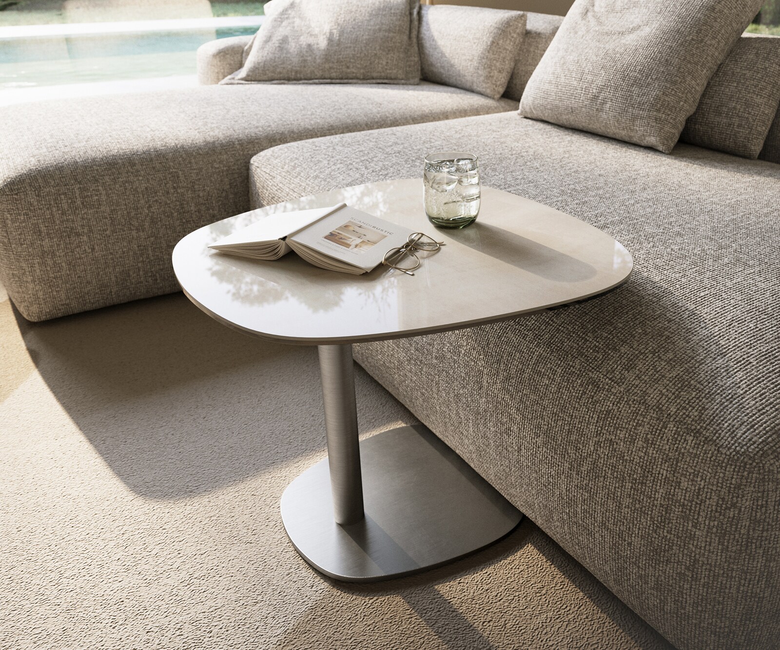 table d’appoint Edge forme bateau 60x60 cm céramique Onyx Champagne Eleny acier inoxydable brossé 1