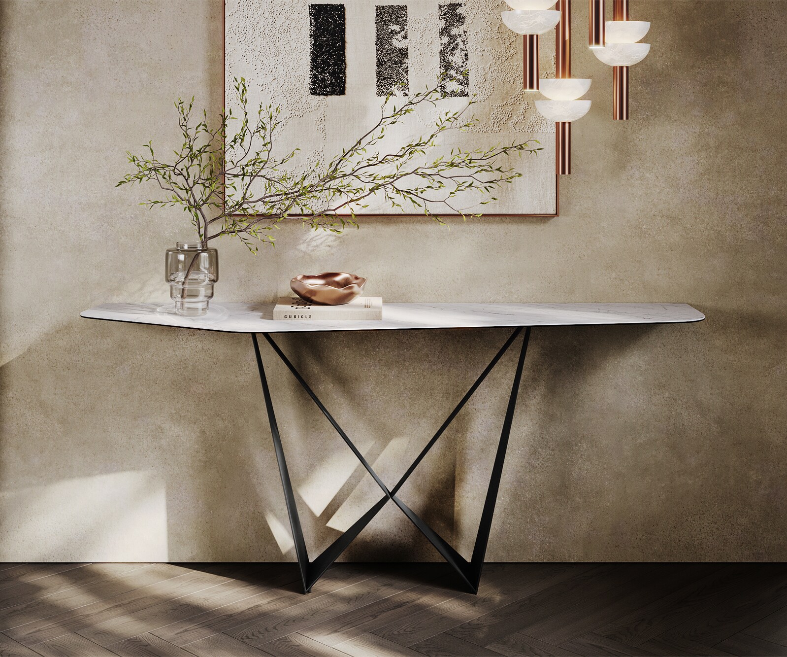 Console Edge Polygonal 180x50 cm Céramique Laminam® Statuarietto Weiß Spios Métal Noir 1