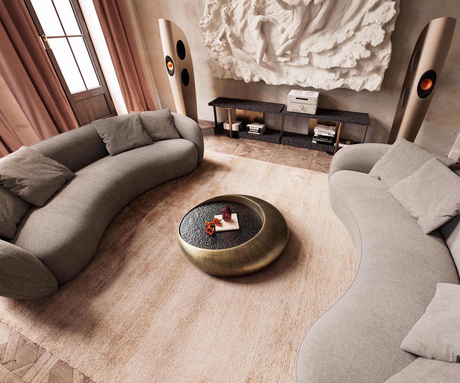 Table basse Blaise 100x100 cm or avec verre en relief taupe 5