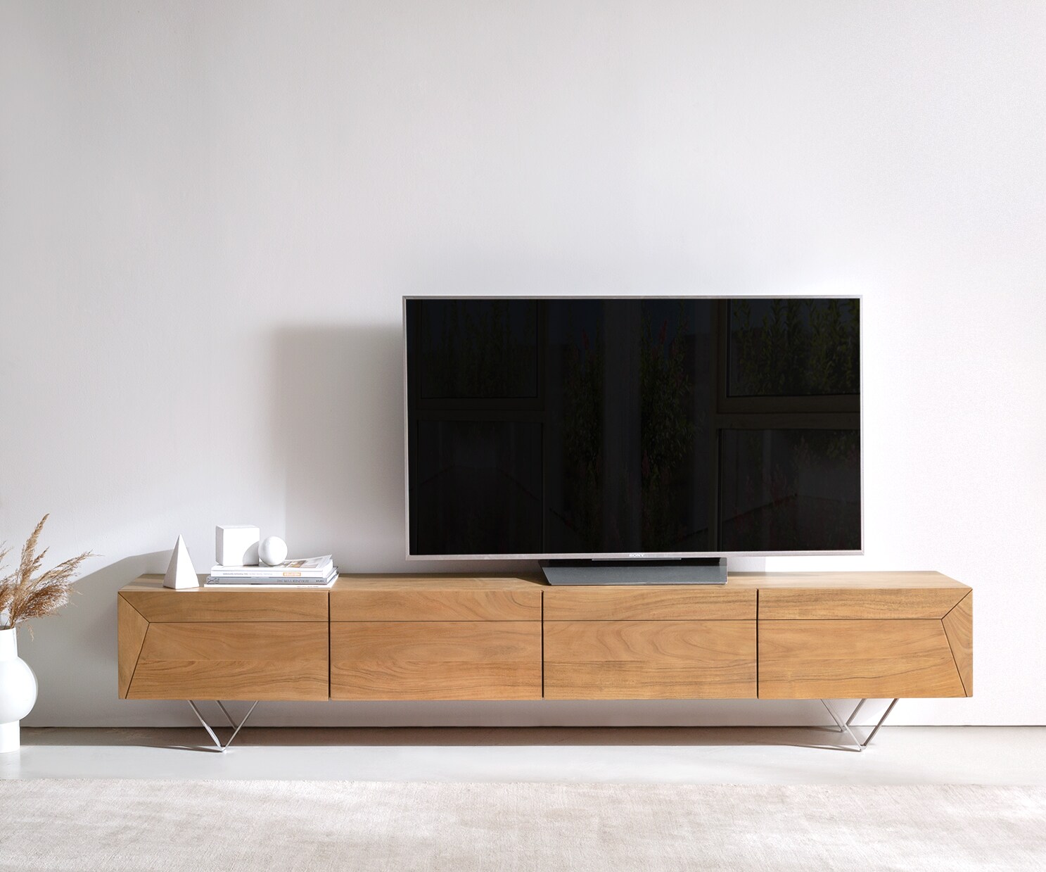 Meuble-TV Kayu 220 cm acacia naturel 4 portes pied en V 1