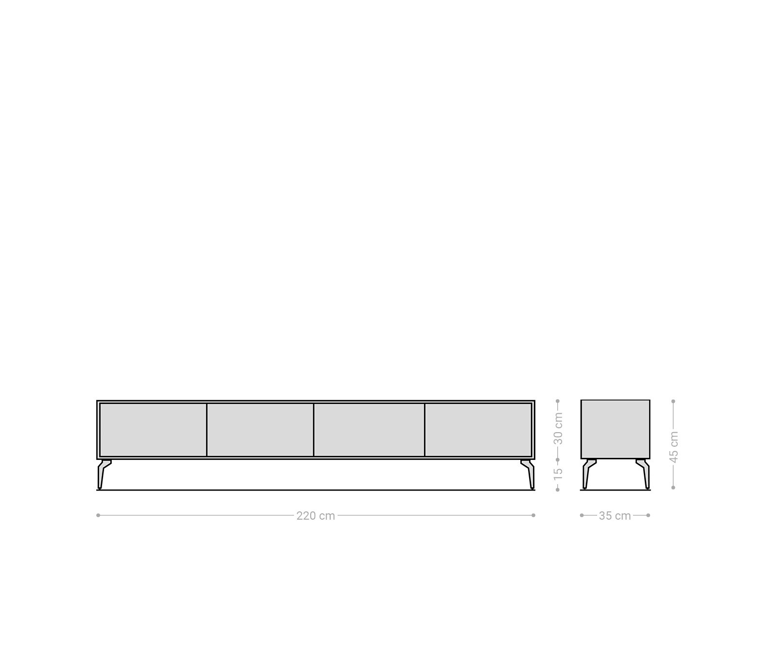 Meuble TV Kleo 220 cm acacia naturel 4 portes pieds angulaires métal noir 9
