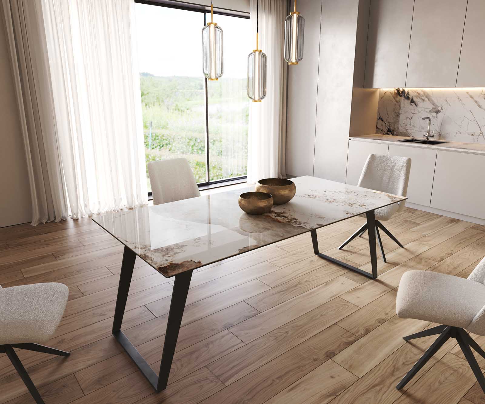 Table à manger Edge 200x100 céramique Minas mélange blanc-beige métal incliné noir Table à manger Edge 200x100 céramique Minas mélange blanc-beige métal incliné noir