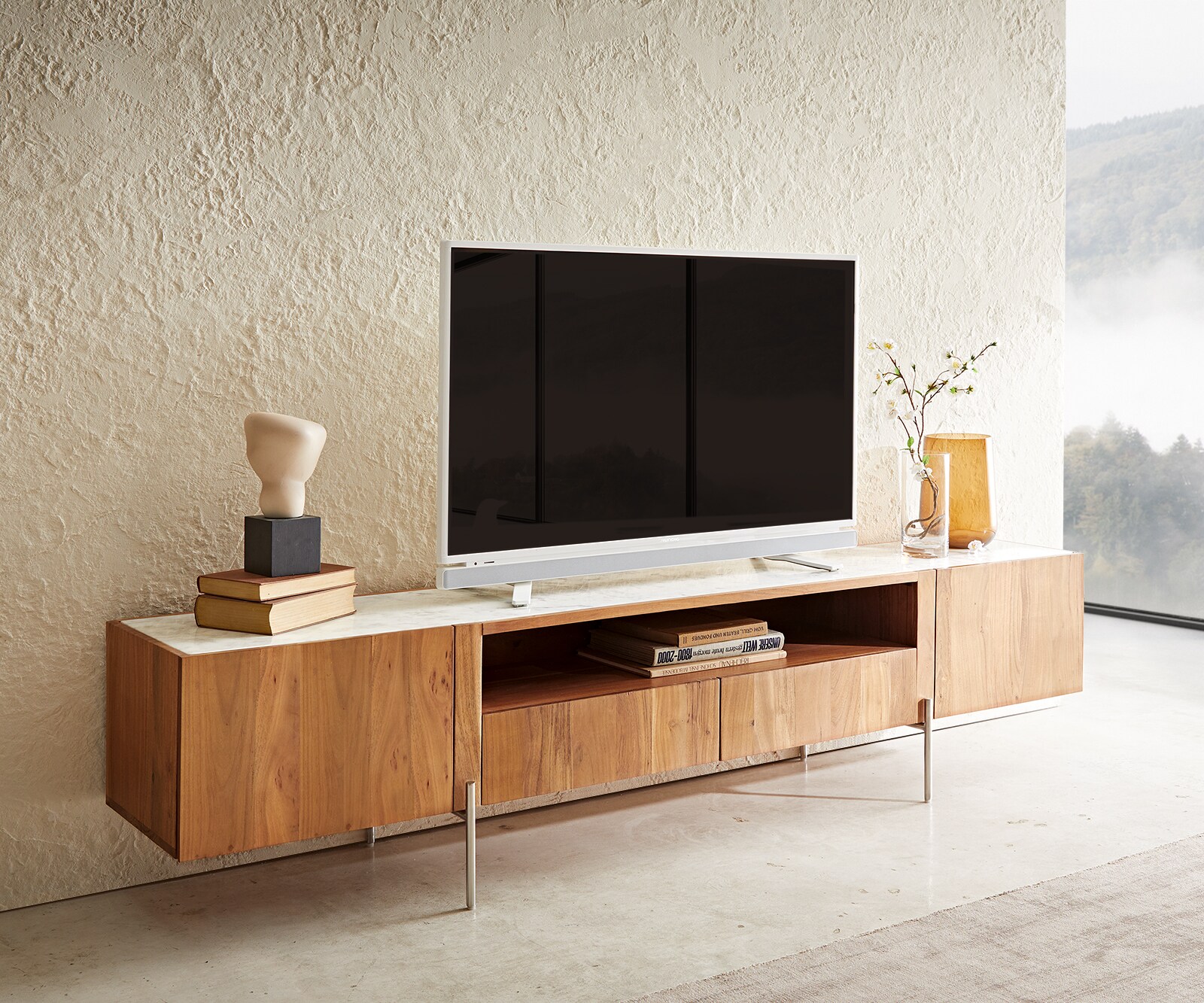 Buffet-bas Secara acacia plaque de marbre blanc 2