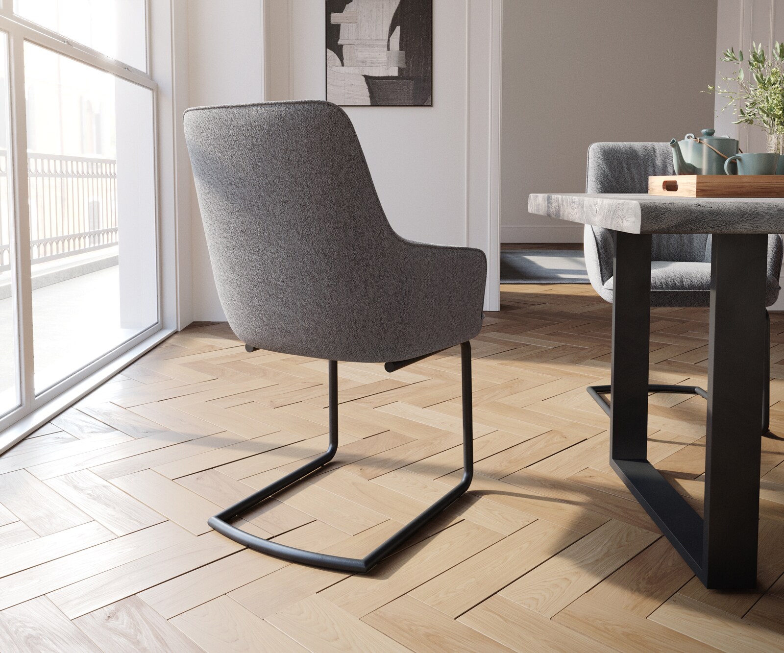 Cantilever Zelia-Flex avec accoudoirs tissu texturé gris clair pied cantilever rond noir ressorts ensachés 4 Cantilever Zelia-Flex avec accoudoirs tissu texturé gris clair pied cantilever rond noir ressorts ensachés 4