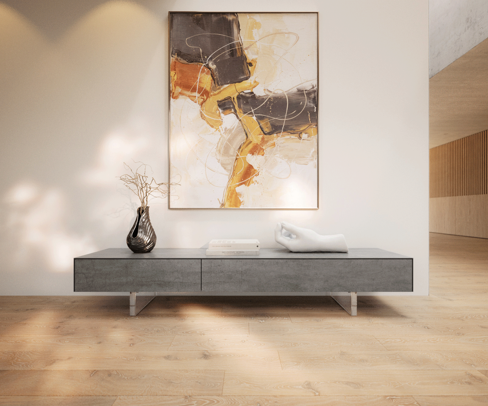 Meuble-TV Cuor 200 cm Céramique Béton gris 1 Clapet 1 Tiroir Pied optique flottant Verre acrylique 2