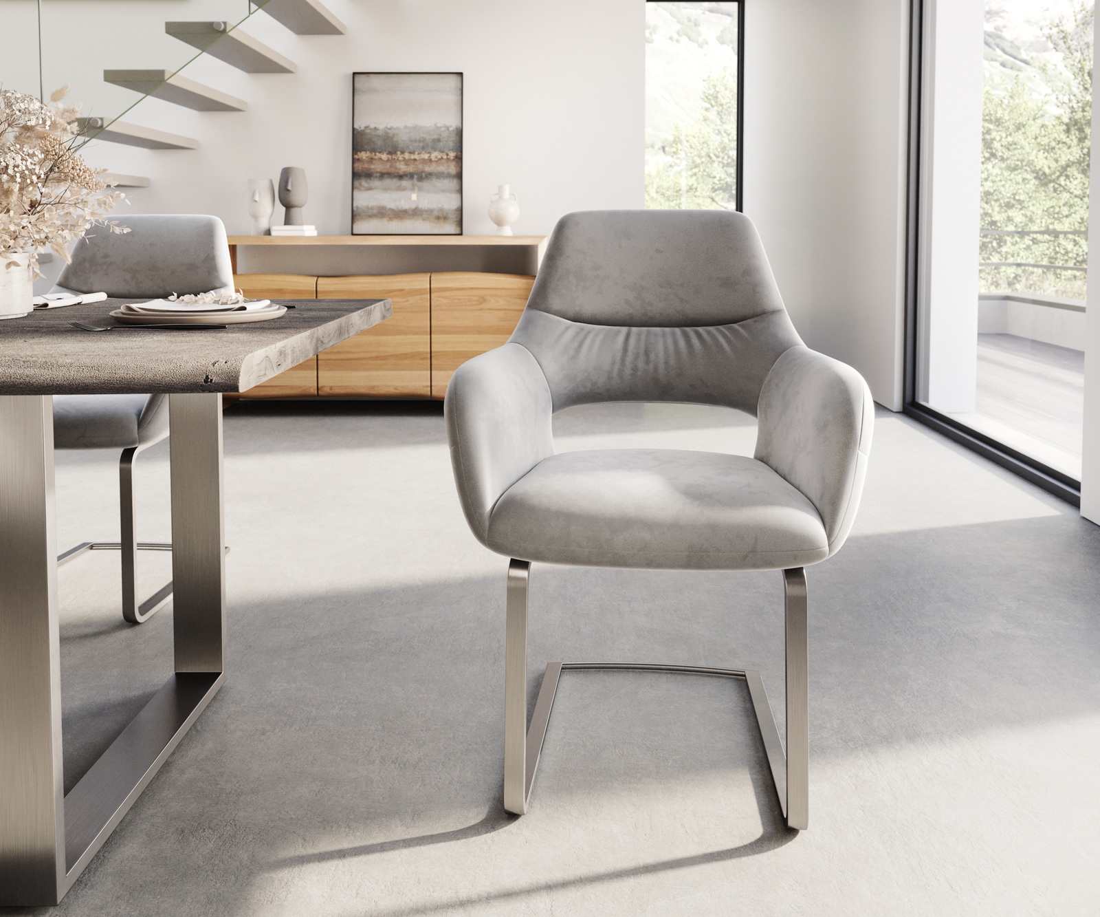 Cantilever Yago-Flex avec accoudoirs velours gris pied cantilever plat acier inoxydable brossé ressorts ensachés 1 Cantilever Yago-Flex avec accoudoirs velours gris pied cantilever plat acier inoxydable brossé ressorts ensachés 1