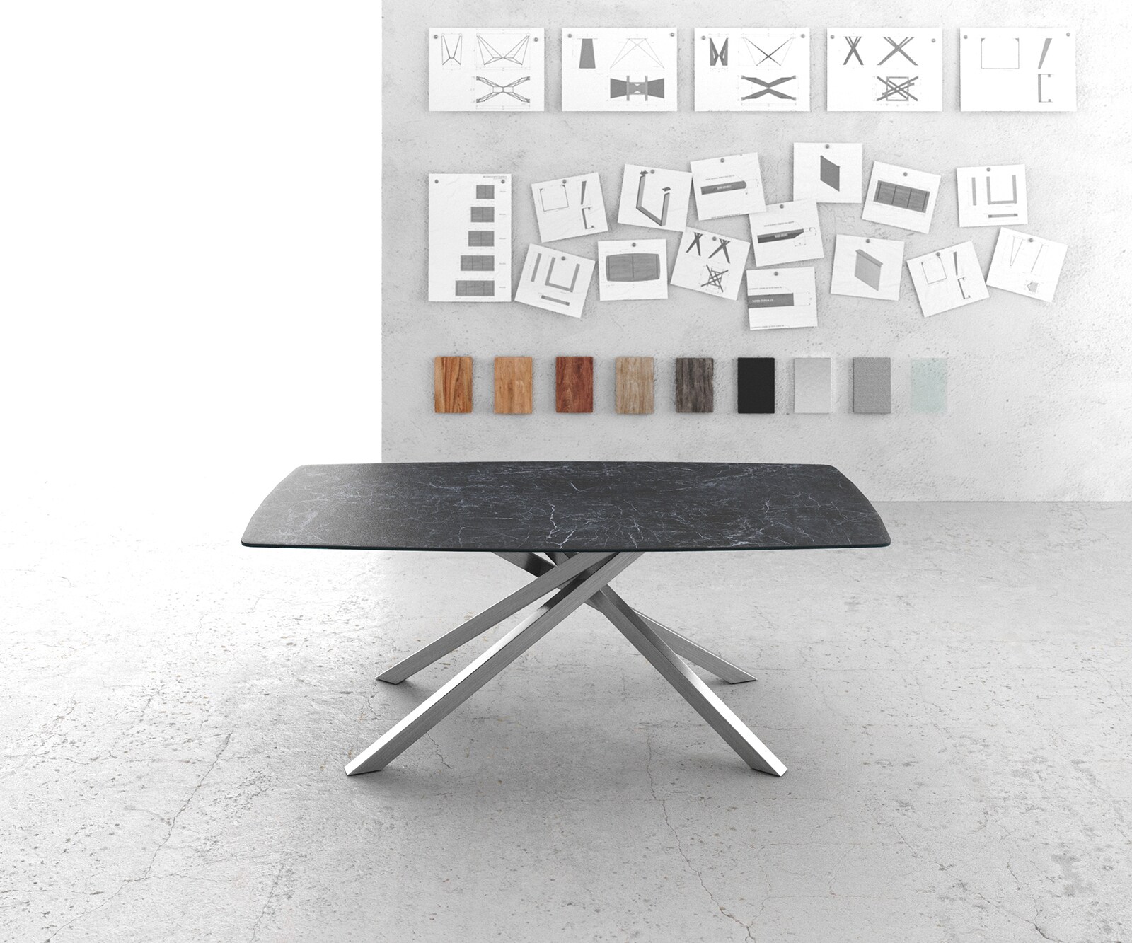 Table-à-manger Edge forme Boot 200x100cm Laminam® céramique gris pieds milieu croisé argent 5 Table-à-manger Edge forme Boot 200x100cm Laminam® céramique gris pieds milieu croisé argent 5