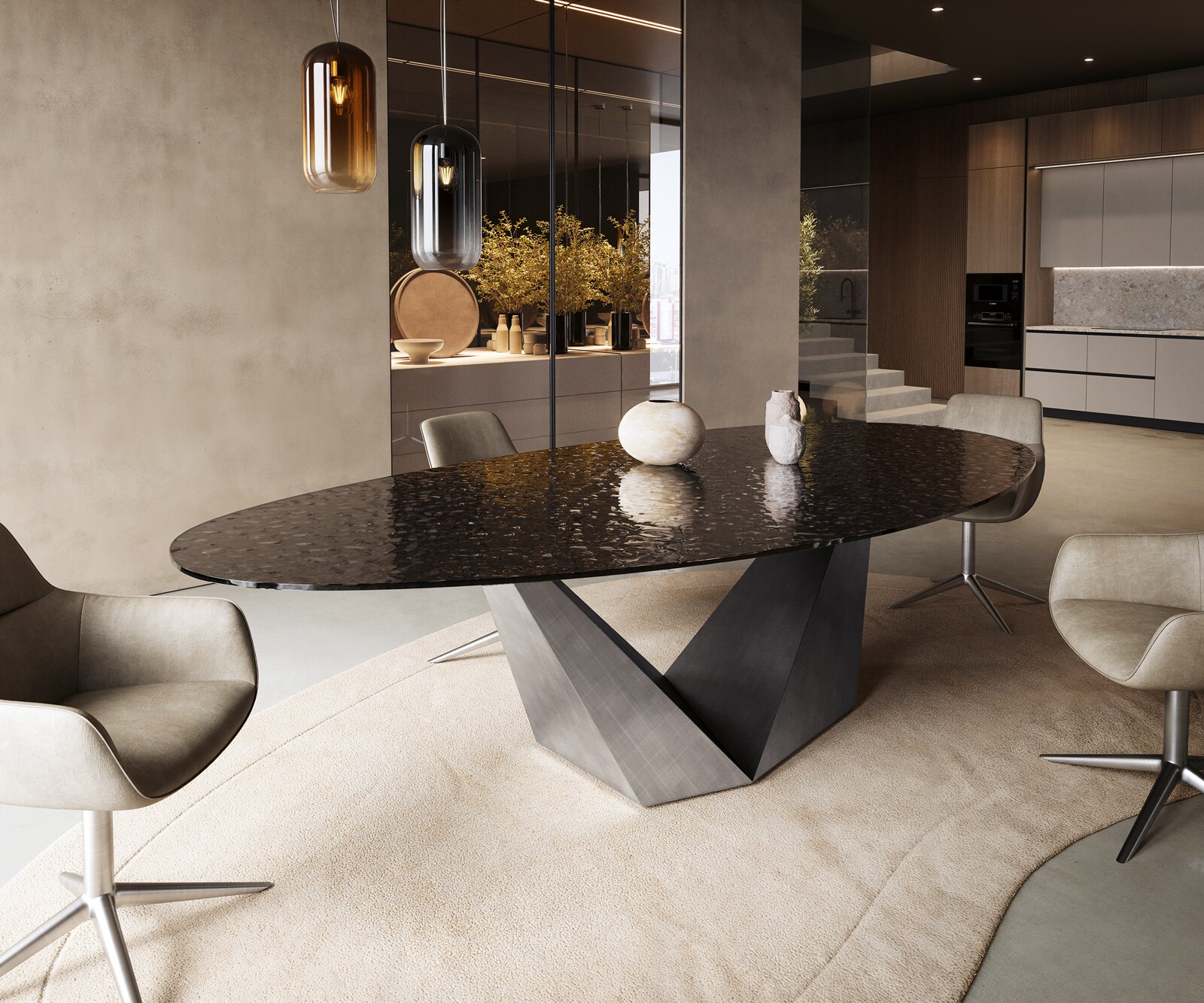 Table à manger Edge ovalee 280x130 verre en relief noir fumé 3D-Design Prisma métallique argent 1