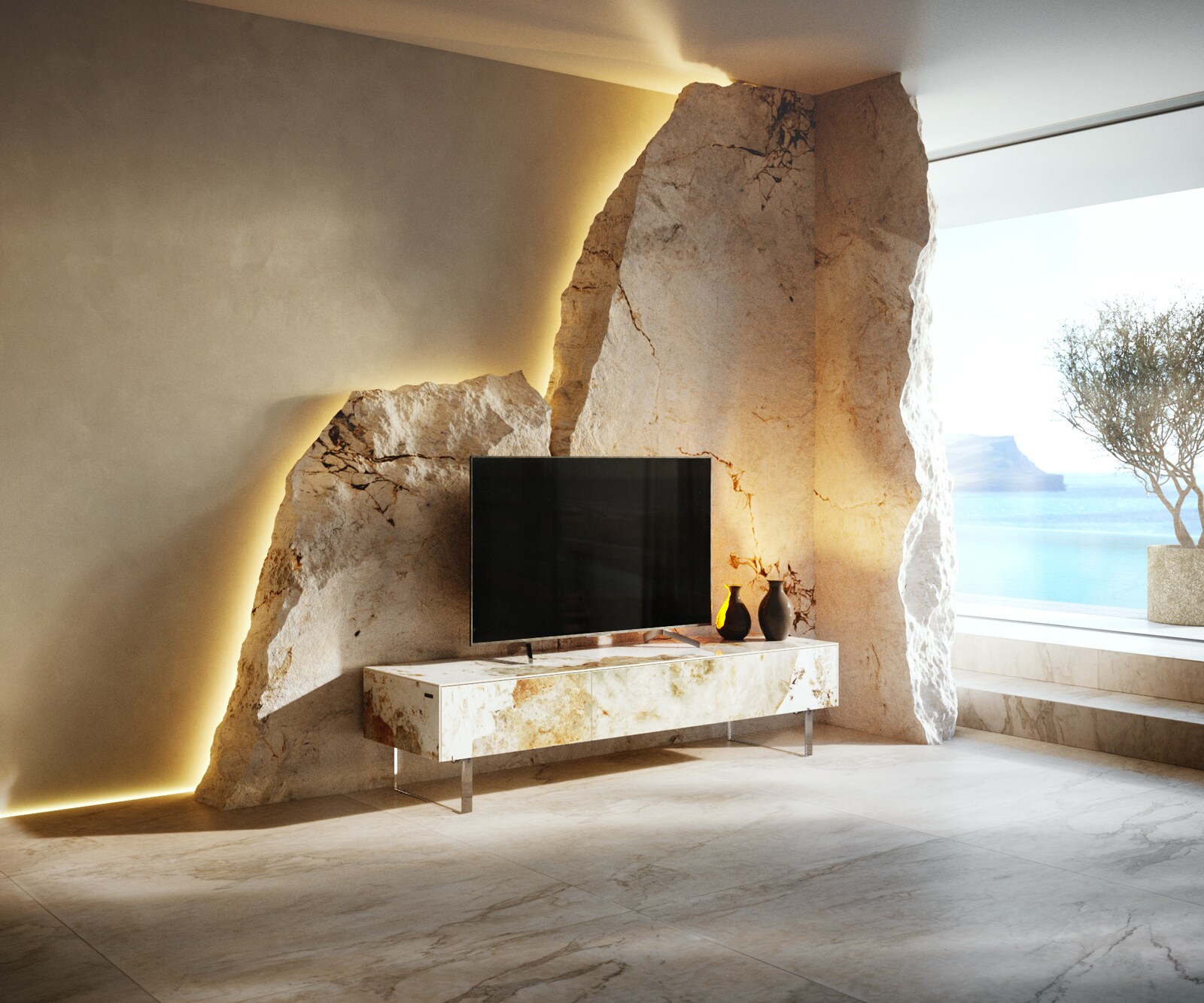 Meuble-TV Cuor 150 cm Céramique Minas Melange Blanc-beige 1 Clapet 1 Tiroir Pied optique flottant Verre acrylique 1
