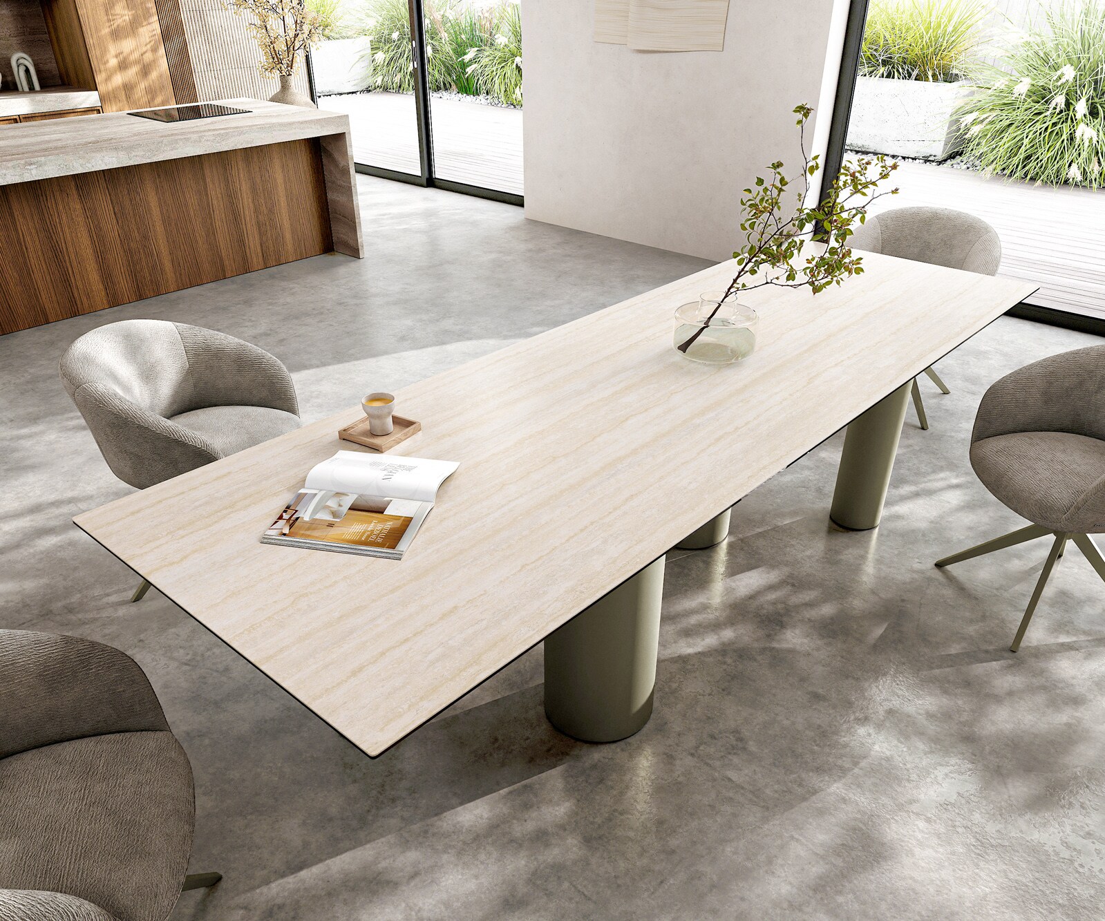 Table à manger Edge 300x100 céramique Laminam® Travertino Bianco crème-blanc Pilier métal effet finition titanee 3