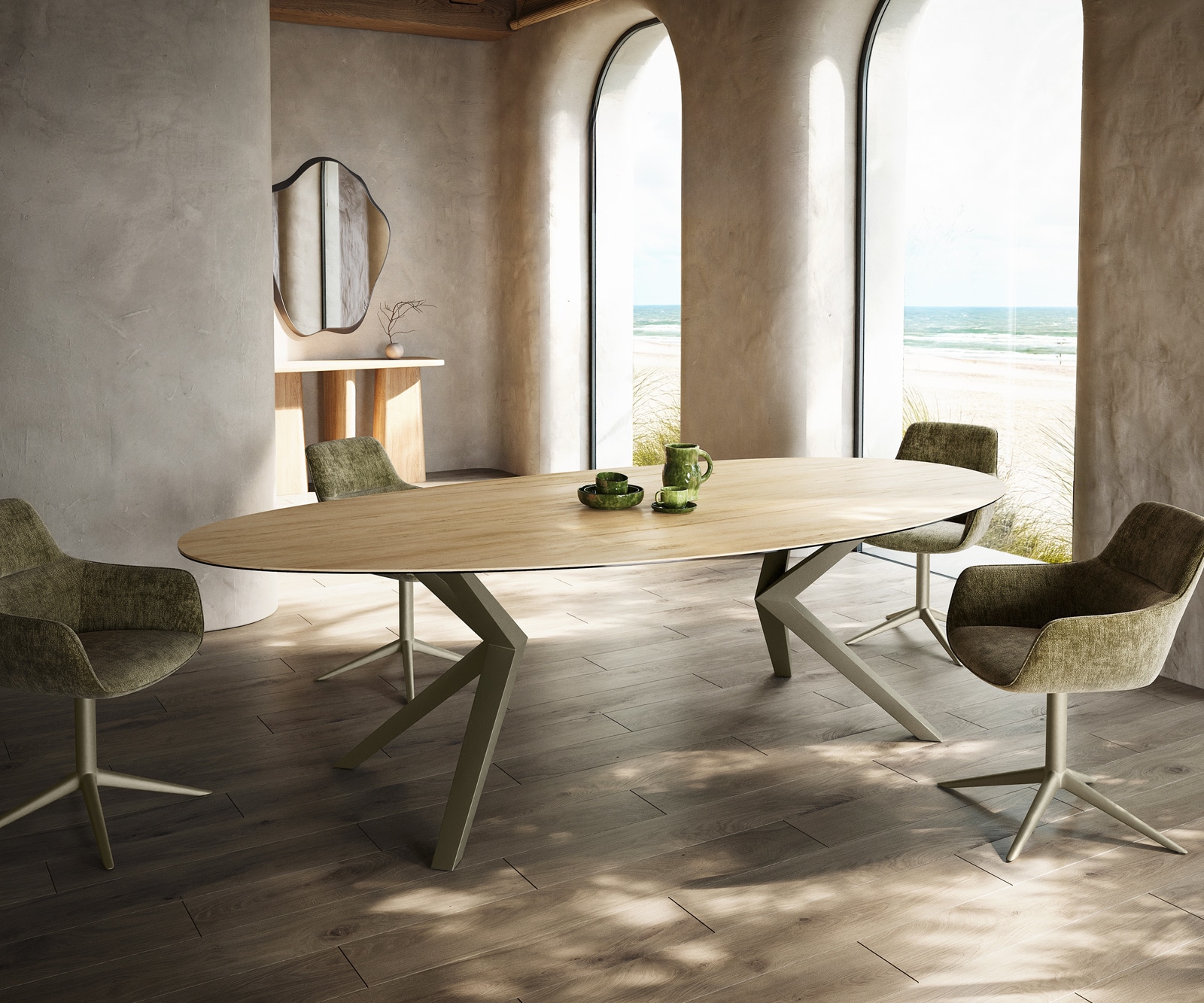 Table à manger Edge Ovale 280x130 Céramique Laminam® Sabbia Couleur chêne Zenthara anguleux Métal finition à effet Titane 1