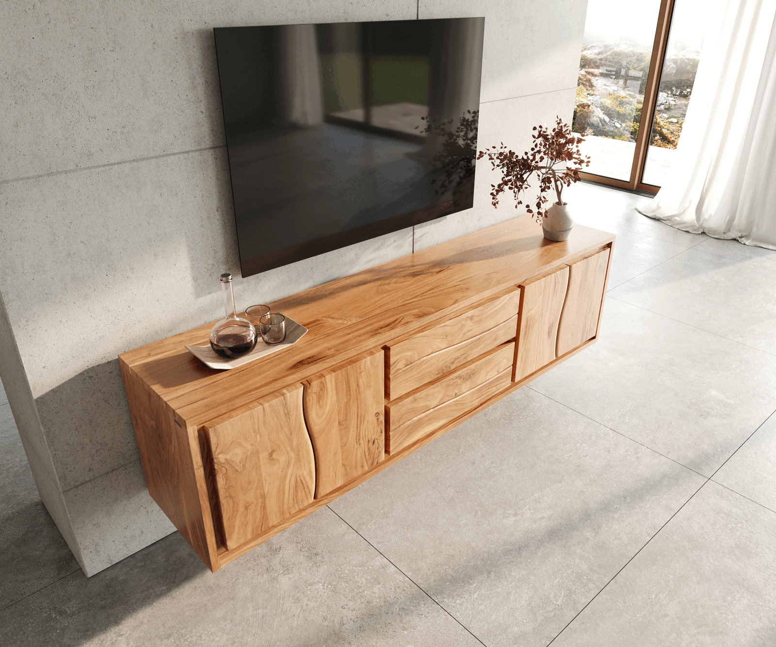 Meuble-TV Live-Edge 200 cm acacia naturel 4 portes 2 tiroirs suspendus 3