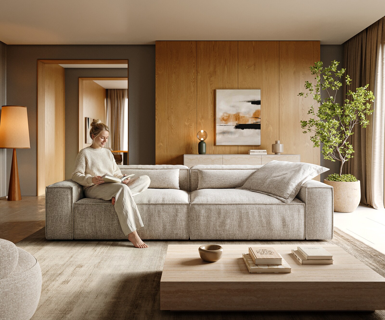 Bigsofa Freestyle 280x110 cm Tissu tissé doux Beige couture passepoilée 2