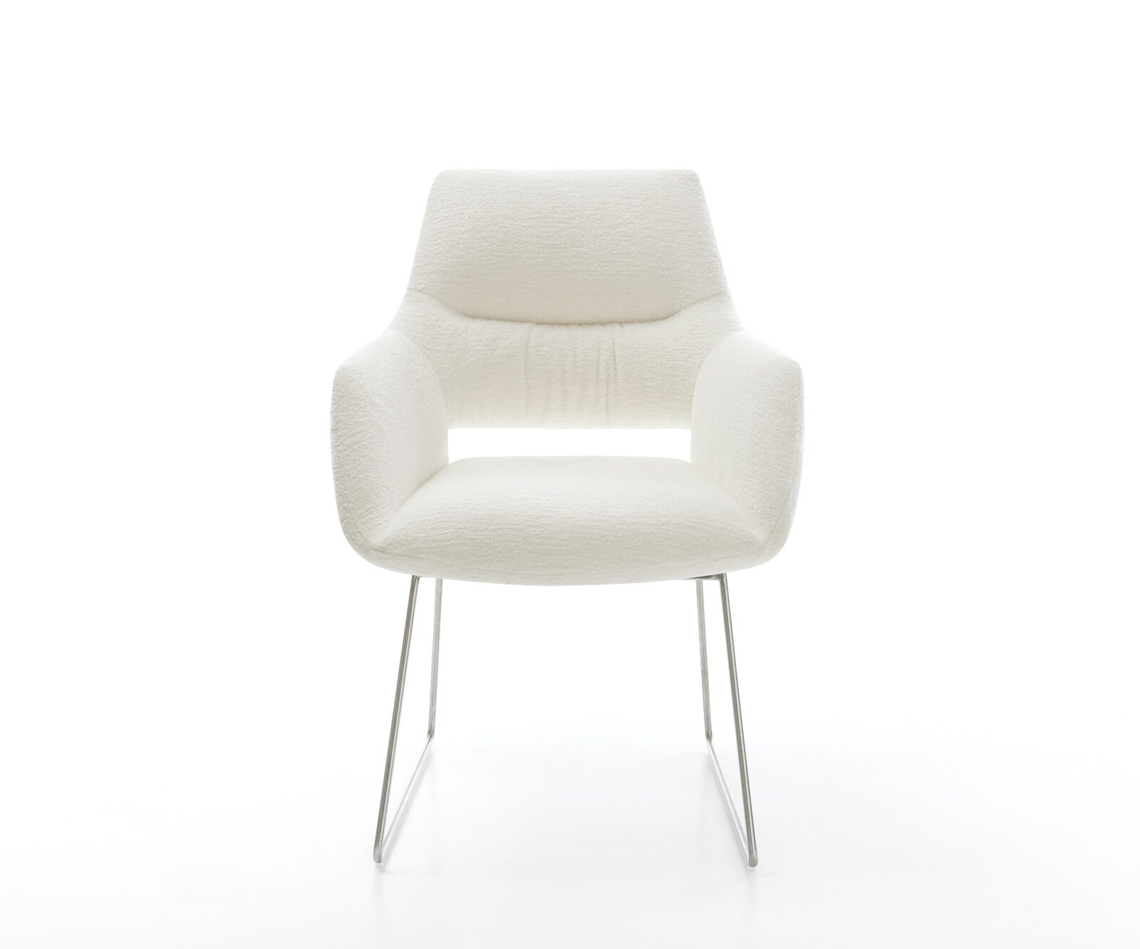 Chaise-de-salle-à-manger Yago-Flex avec accoudoirs bouclé doux beige pied trapèze acier inoxydable resorts ensachés 2