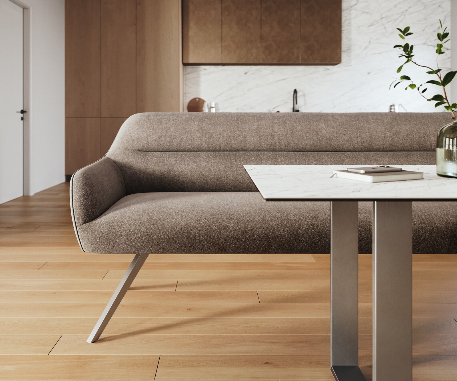 Banc-de-salle-à-manger Taya-Flex 200 cm tissu structuré doux taupe pied croisé angulaire acier inoxydable ressort ensaché 1