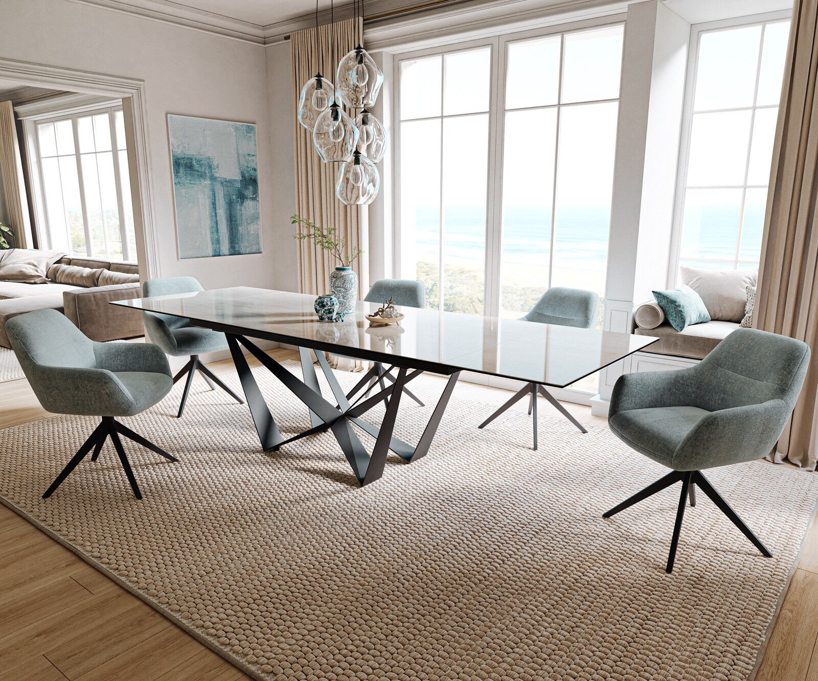 Table à manger extensible Edge 200-300x100 cm céramique Onyx Champagne Spider acier plat noir 7