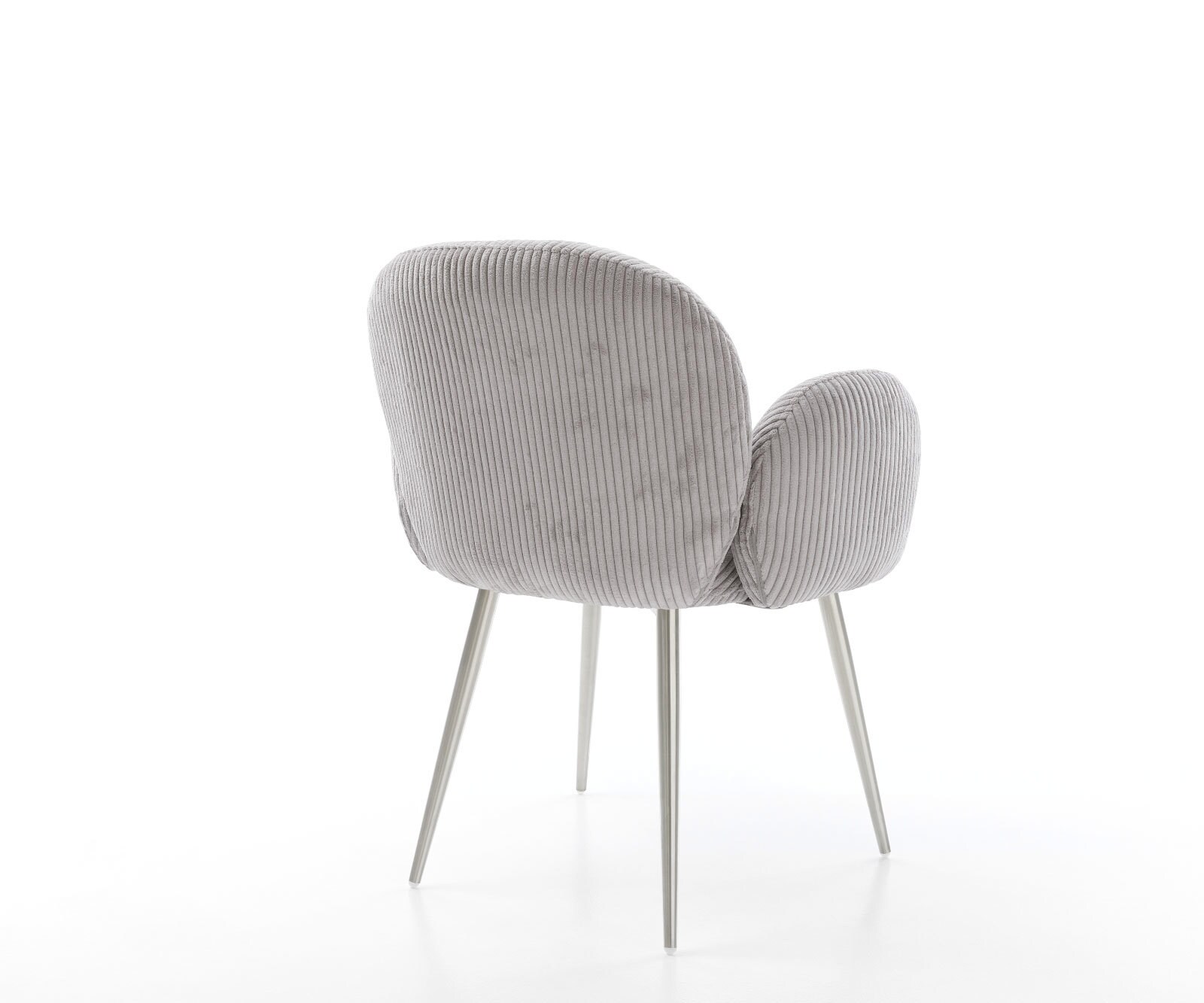 Chaise-de-salle-à-manger Nube-Flex avec accoudoirs côtelé gris argenté 4 pieds coniques acier inoxydable brossé ressorts ensachés 4 Chaise-de-salle-à-manger Nube-Flex avec accoudoirs côtelé gris argenté 4 pieds coniques acier inoxydable brossé ressorts ensachés 4