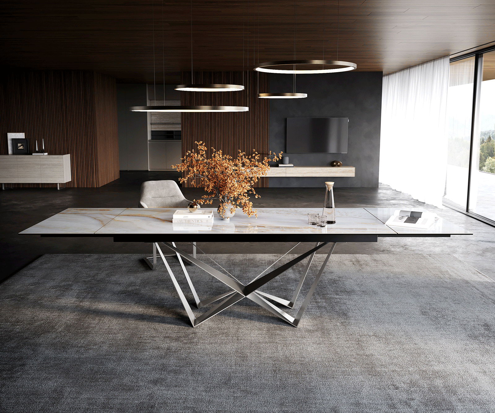 Table à manger extensible Edge 200-300x100 cm céramique Onyx Pearl Spider acier plat inox 2