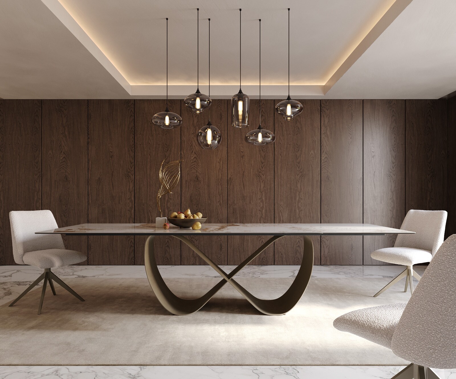 Table à manger Edge 300x100cm Céramique Minas Mélange Blanc-Beige Infinity Métal Effet Titane 1