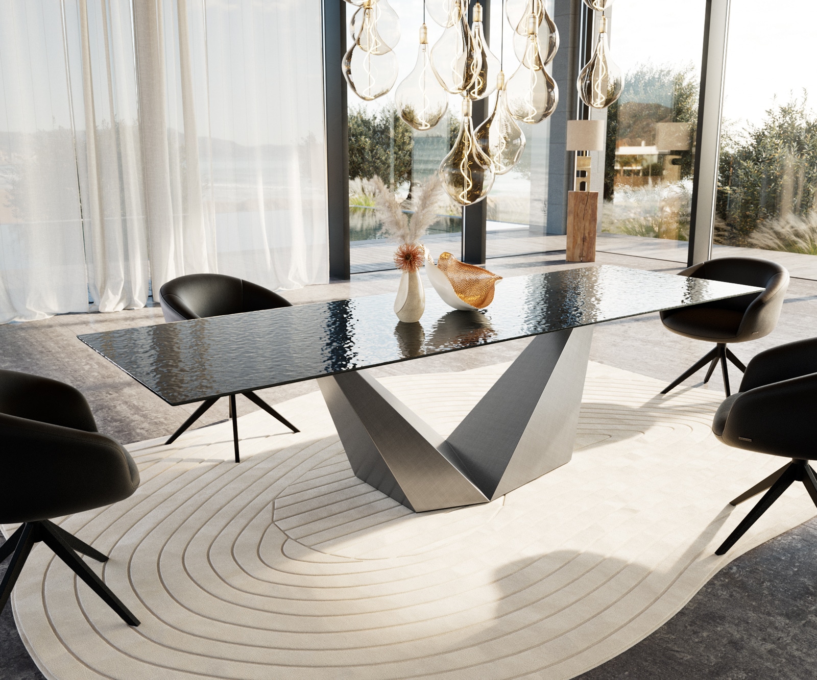 Table à manger Edge 300x100 verre en relief noir 3D-Design Prisma métallique argent 1
