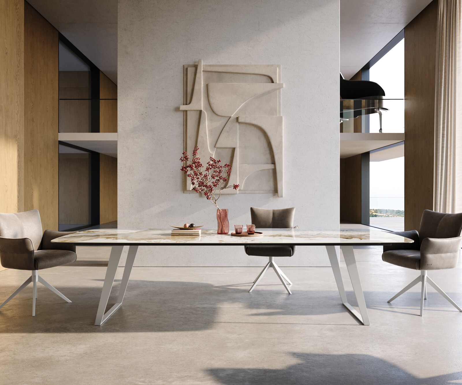 Table à manger Edge Boot 300x120 cm Céramique Minas Melange Blanc-Beige Métal Schräg Blanc 2