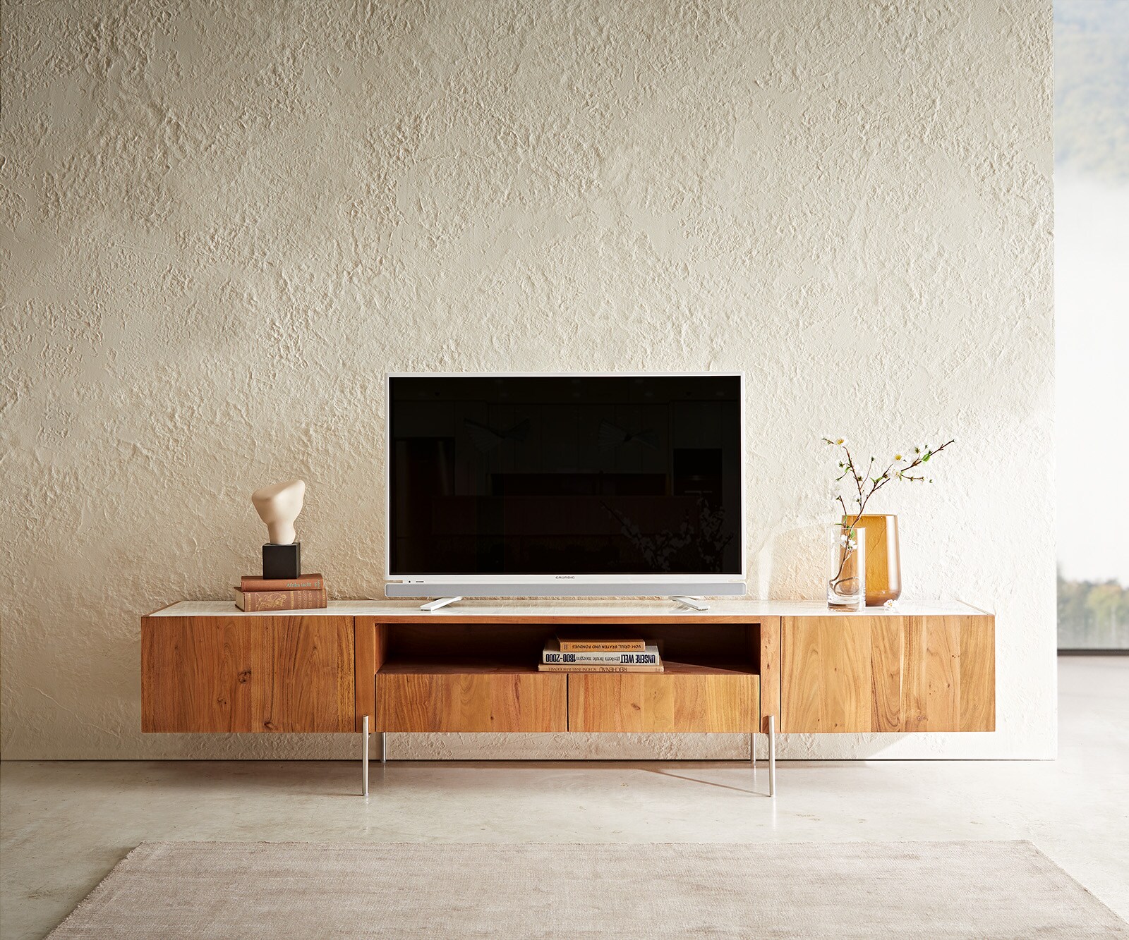 Meuble-TV Secara 220 cm acacia naturel 2 portes 2 tiroirs marbre pieds inoxydable 2