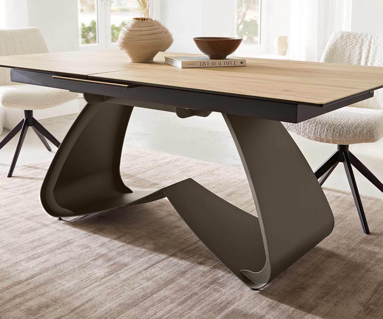 Table à manger Edge 180-220x100 Céramique Laminam® Sabbia Couleur chêne cadre en W Effet Titane Extensible 7