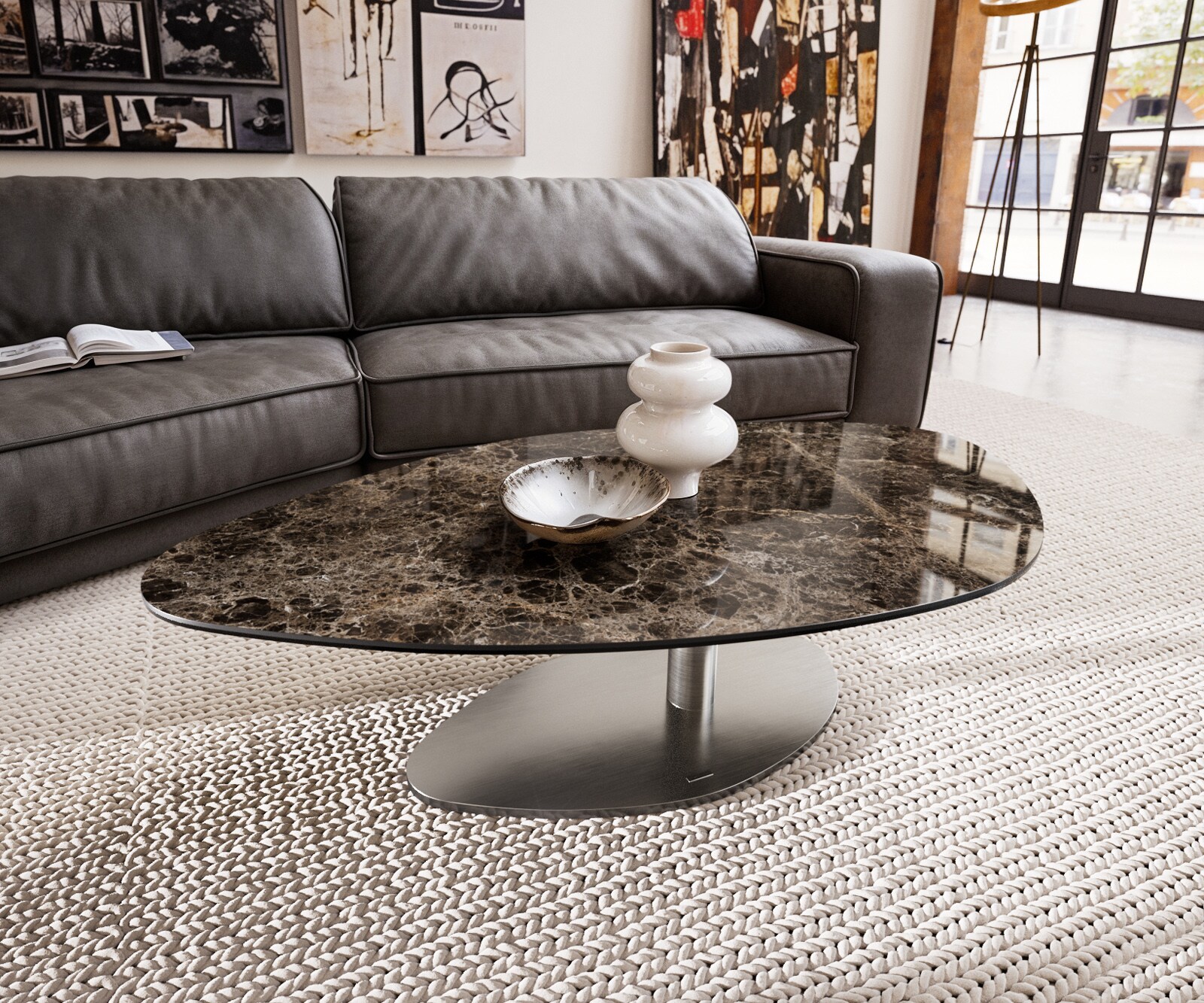 Table basse Edge Organique 140x76 cm céramique Laminam® Emperador Extra Lucidato brun foncé Vibany acier inoxydable brossé 2