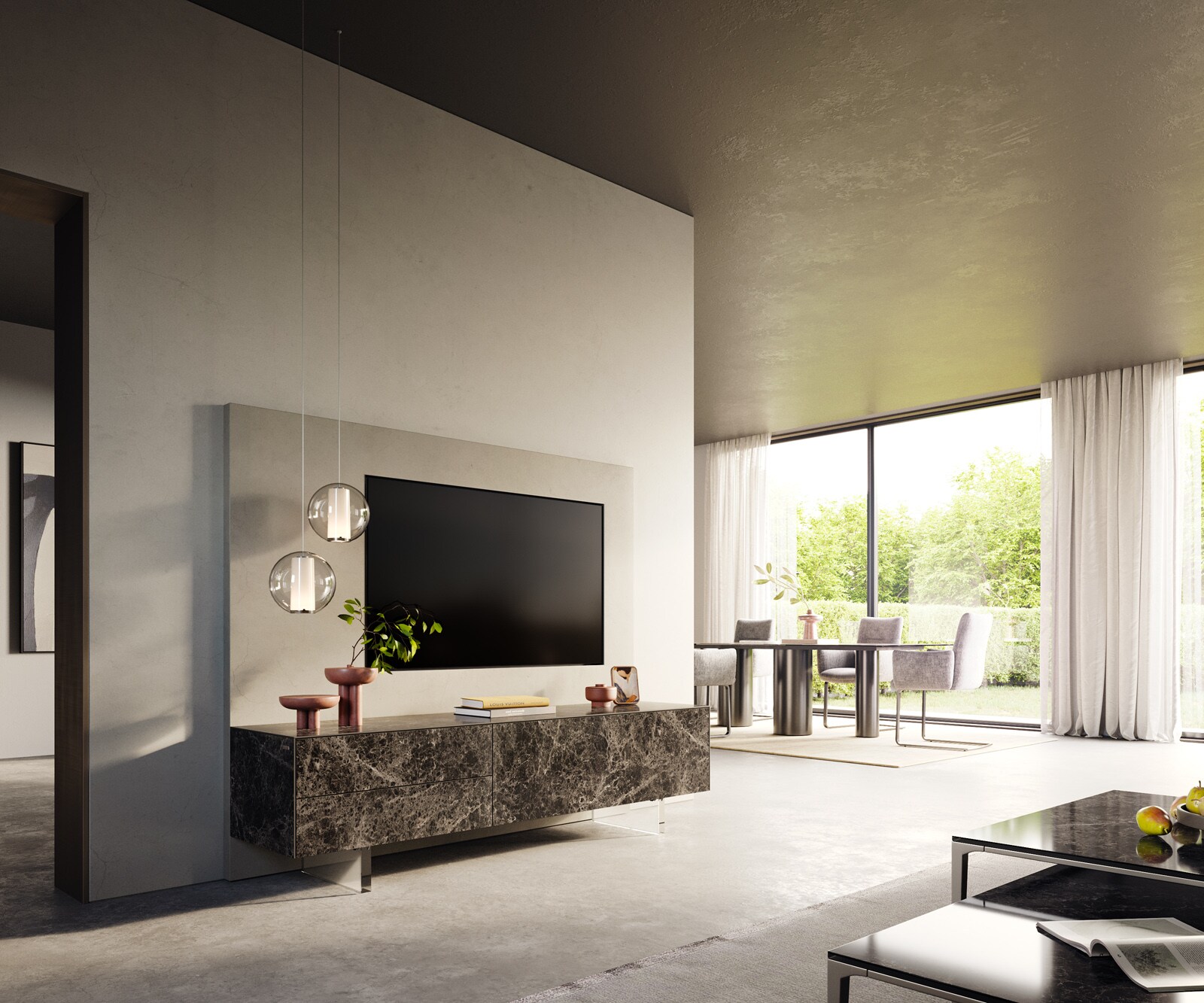 Meuble-TV Cuor 180 cm Céramique Emperador Extra Lucidato brun foncé 1 Clapet 2 Tiroirs Pied optique flottant Verre acrylique 7