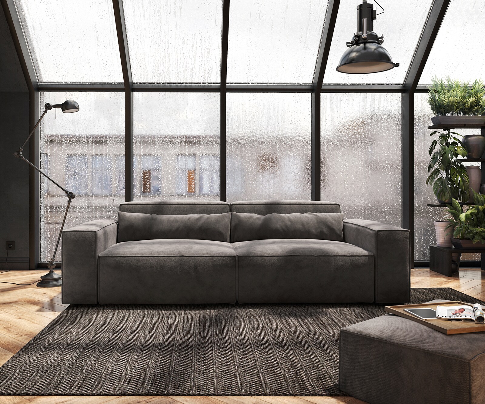 Grand Canapé Sirpio 230x95 cm Microfibre Marron Kaki avec Tabouret 1