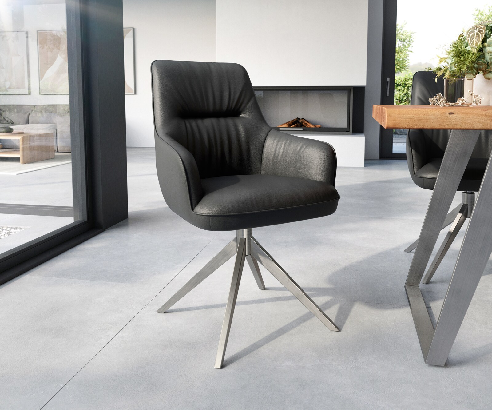 Chaise-de-salle-à-manger Zelia-Flex avec accoudoirs cuir de vache noir pied croisé large acier inoxydable brossé ressorts ensachés 1
