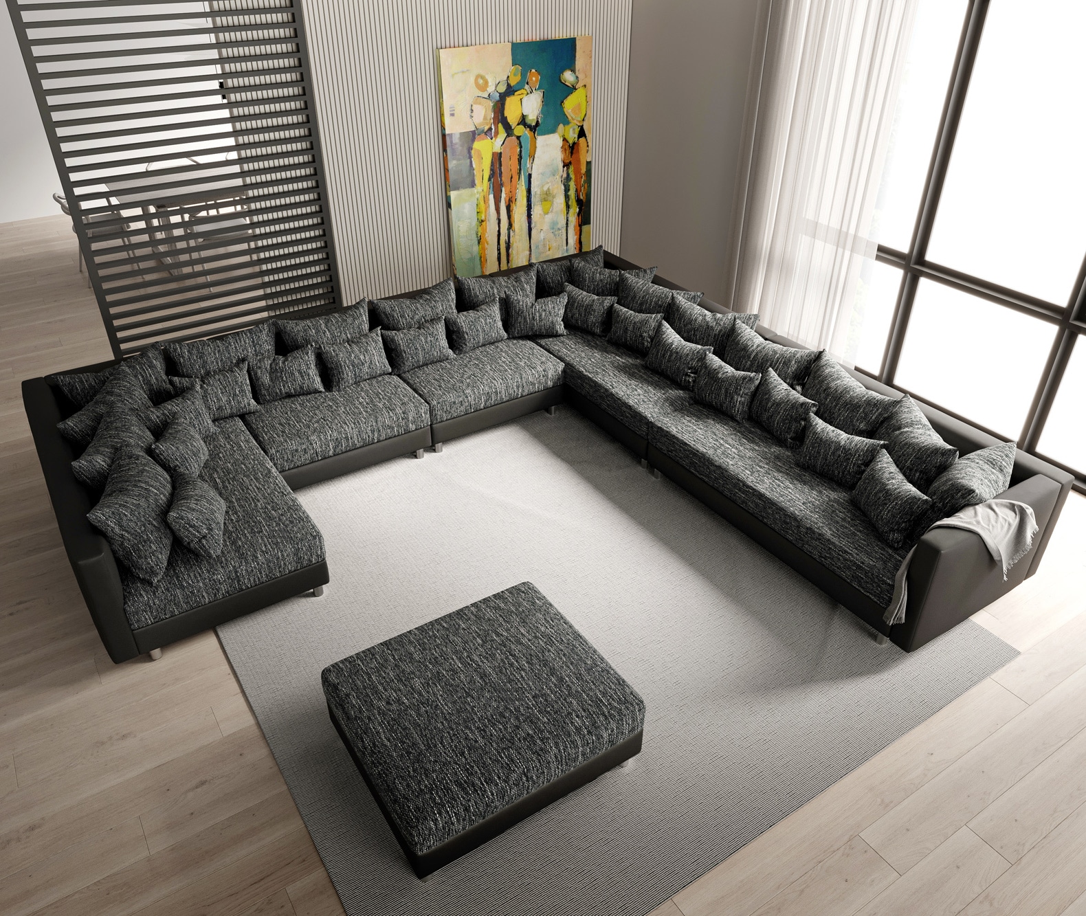 Canapé-panoramique Clovis XXL noir modulable tabouret poufs droite 1 Canapé-panoramique Clovis XXL noir modulable tabouret poufs droite 1