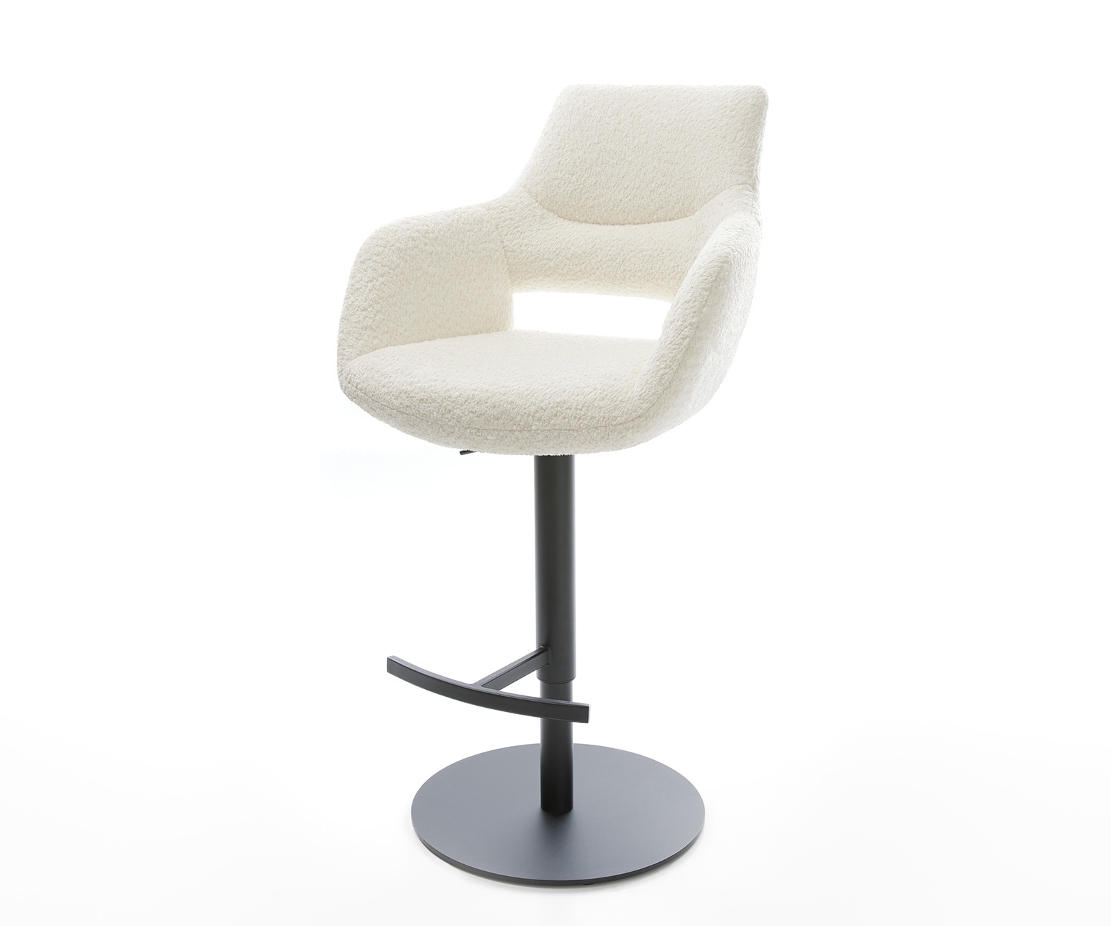 Chaise-de-bar Yago-Flex Bouclé Blanc Pied pivotant réglable en hauteur Métal noir pivotant Ressorts ensachés Chaise-de-bar Yago-Flex Bouclé Blanc Pied pivotant réglable en hauteur Métal noir pivotant Ressorts ensachés