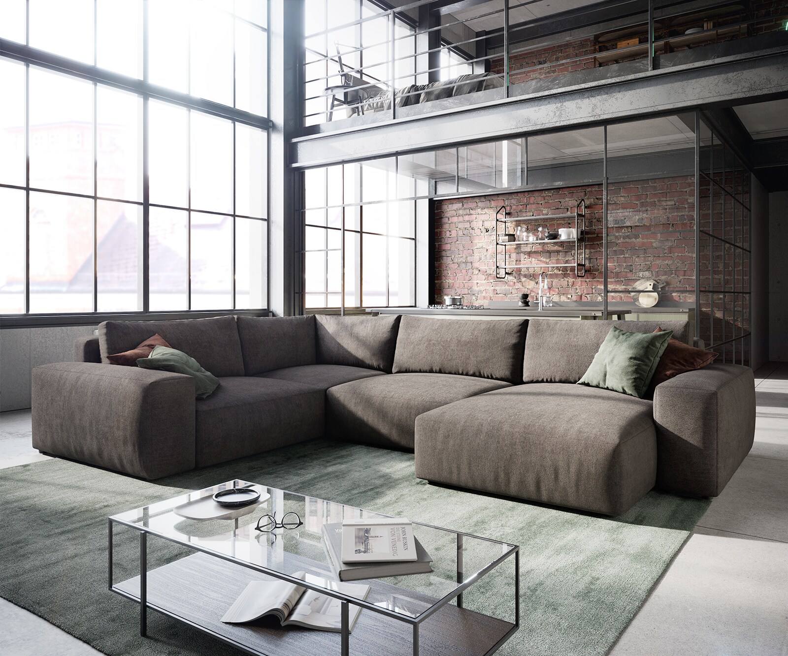 Canapé panoramique Lanzo XL 360x260 cm microfibre marron kaki Recamière variable Canapé panoramique Lanzo XL 360x260 cm microfibre marron kaki Recamière variable