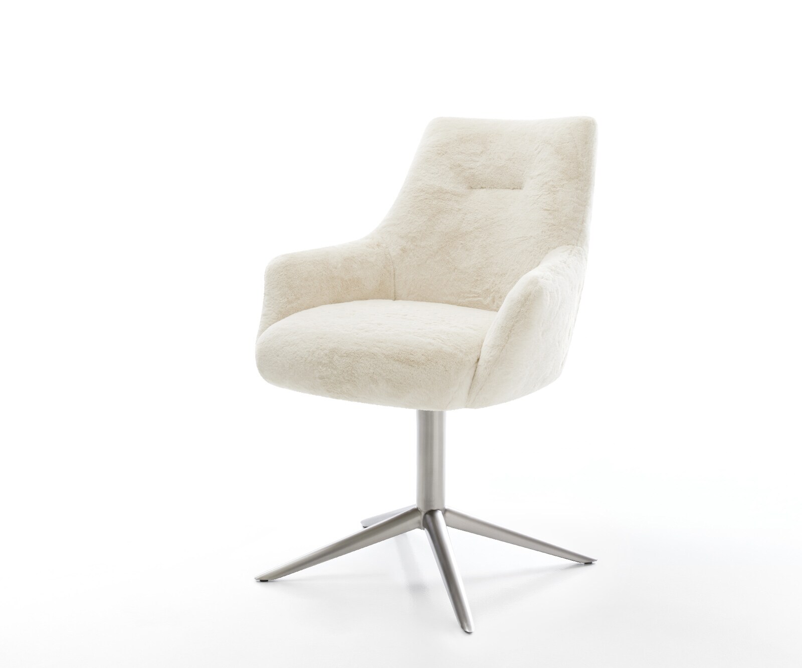 Chaise-pivotante Alja-Flex avec accoudoirs peluche crème-blanc pied de chaise 4 branches acier inoxydable pivotement sur 360° fonction bascule resorts ensachés