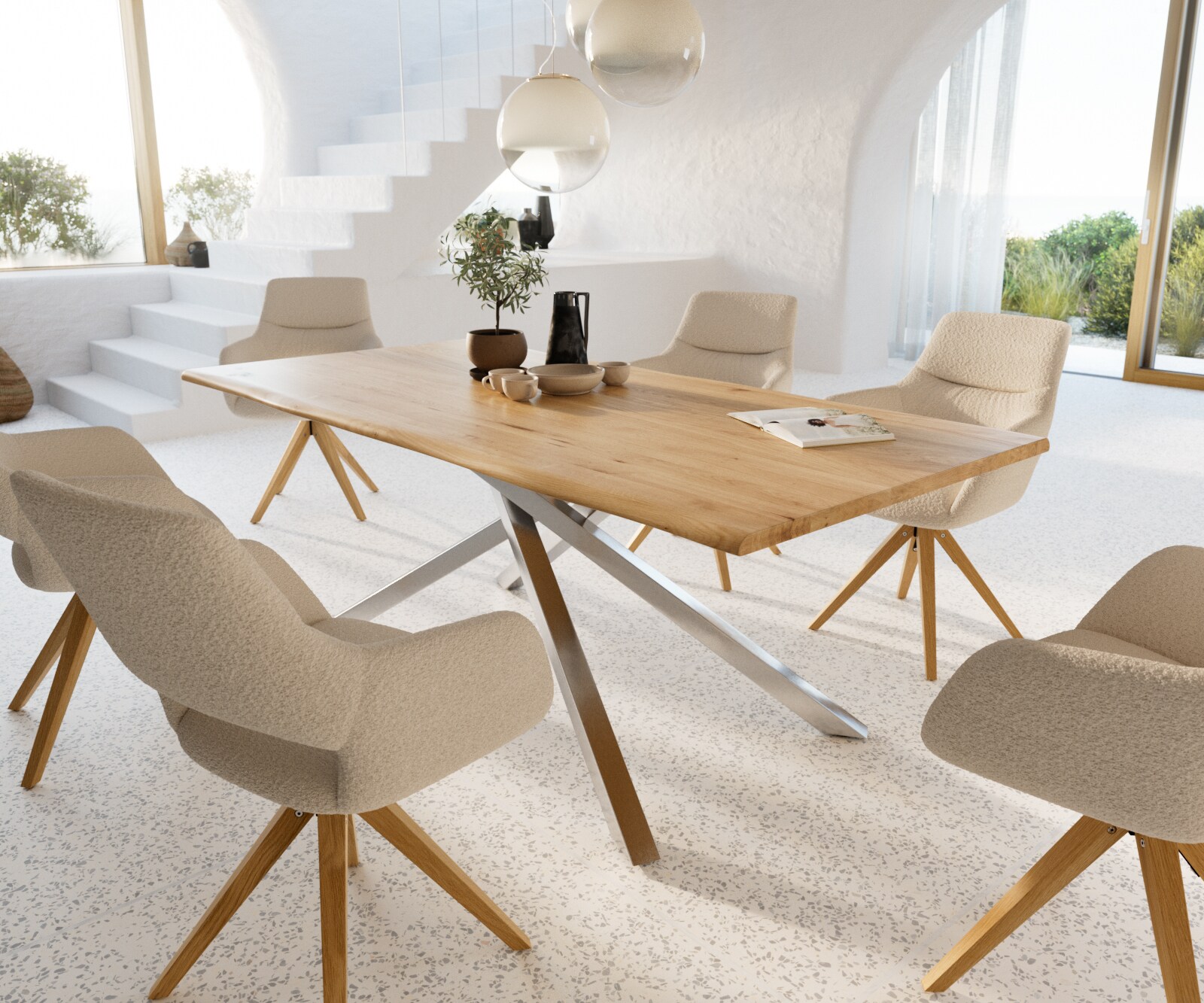 Table à manger Edge 200x100x2,5-3 chêne nature cadre croisé rectangle acier inoxydable Live-Edge 8