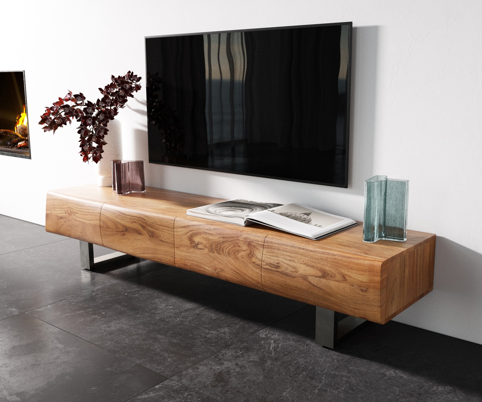 Meuble - TV New Live-Edge 175 cm acacia naturel 4 portes patin inox brossé