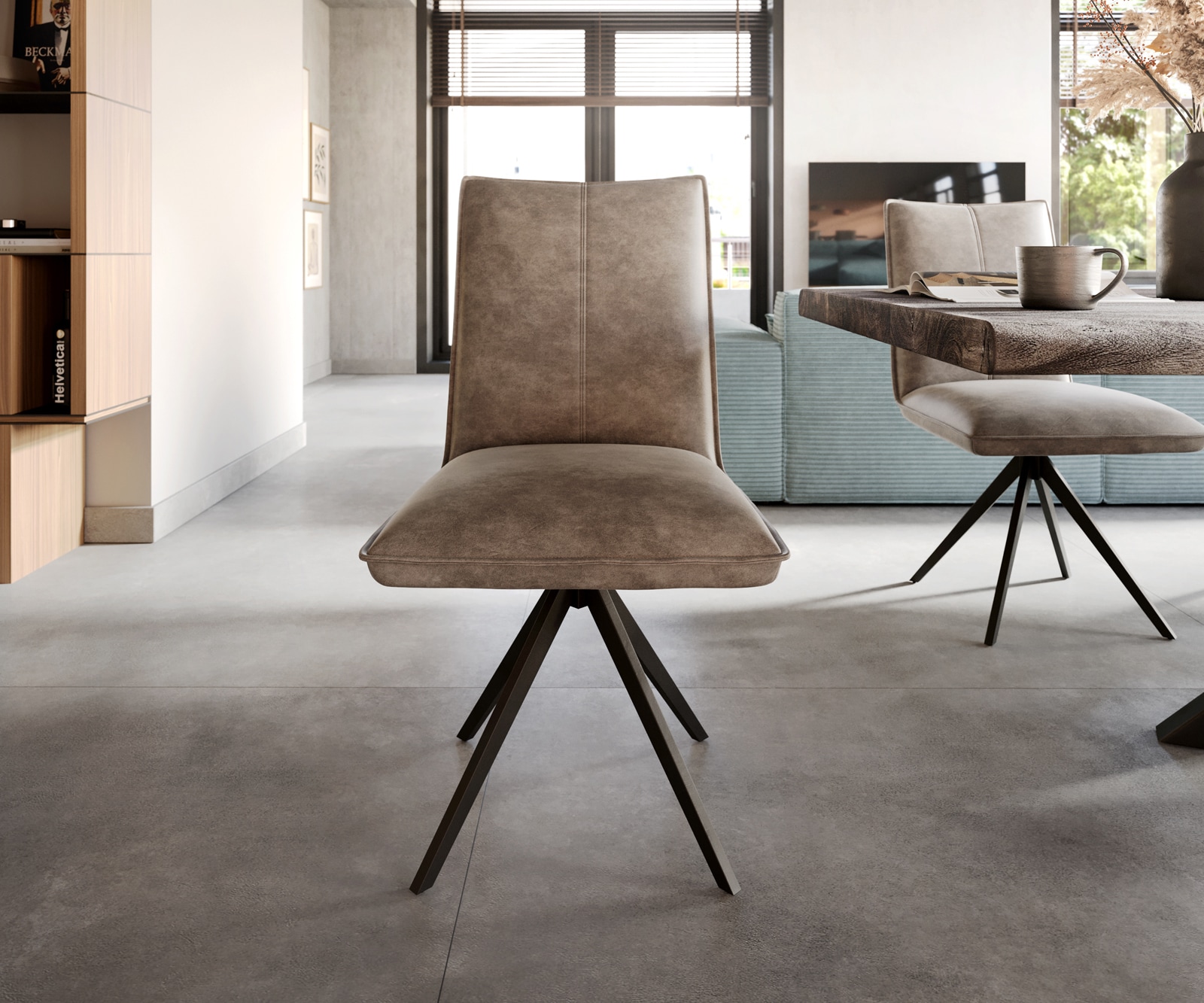 Chaise-de-salle-à-manger Lelio-Flex microvelours taupe vintage pied croisé large noir ressorts ensachés 1 Chaise-de-salle-à-manger Lelio-Flex microvelours taupe vintage pied croisé large noir ressorts ensachés 1