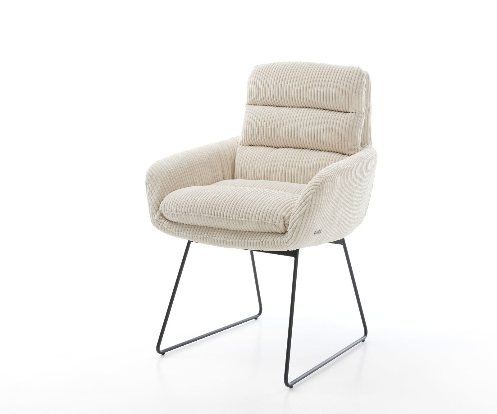 Chaise-de-salle-à-manger Abelia-Flex avec accoudoirs côtelé beige vintage pied trapèze noir