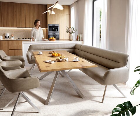 Banc-de-salle-à-manger Taya-Flex 285x190 cm microfibre beige vintage pied croisé angulaire acier inoxydable ressort ensaché liens